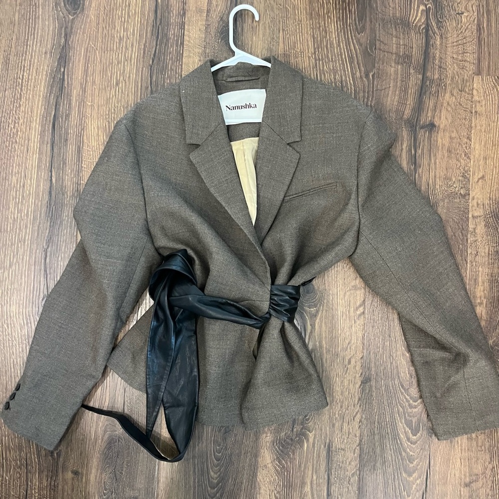 Nanushka Taupe Blazer with Black Tie Belt